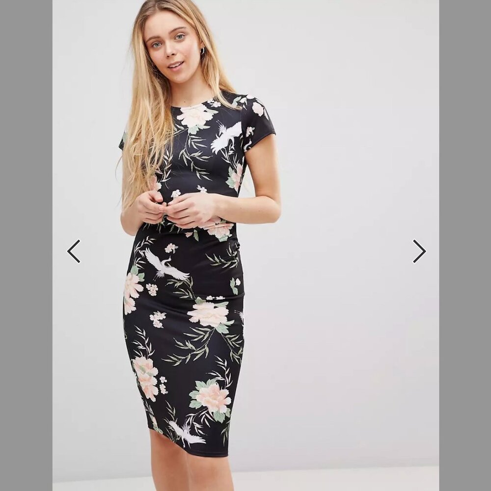 Asos ~ Girls on Film ~ Floral bird print bodycon midi dress